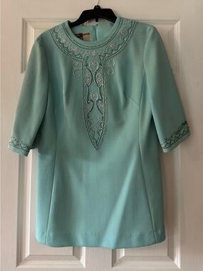 Vintage 60s Edith Flagg Teal Embroidered Women's Tunic Pantset